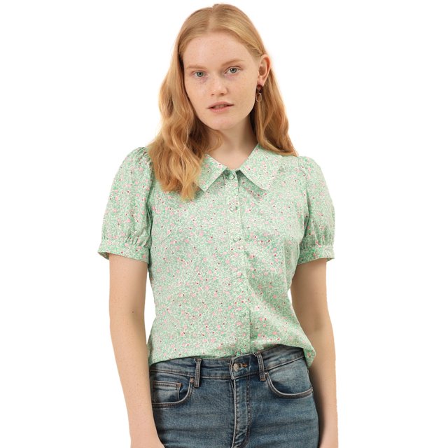 Blusa de manga abullonada floral con cuello en punta de camisa abotonada para mujer Verde M