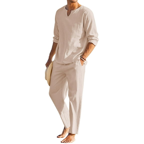 COOFANDY Men's Matching Set Summer Beach 2 Piece Linen Outfits Long Sleeve Casual Shirt Elastic Waist Drawstring Pants Set