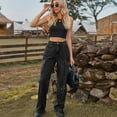 thumbnail image 3 of Defitshape Women's Cargo Jeans Washed Straight Leg Full Length Loose Fit Vintage Fashion Long High Waist Elastic Carpenter Denim Pants Dark Grey Large, 3 of 5
