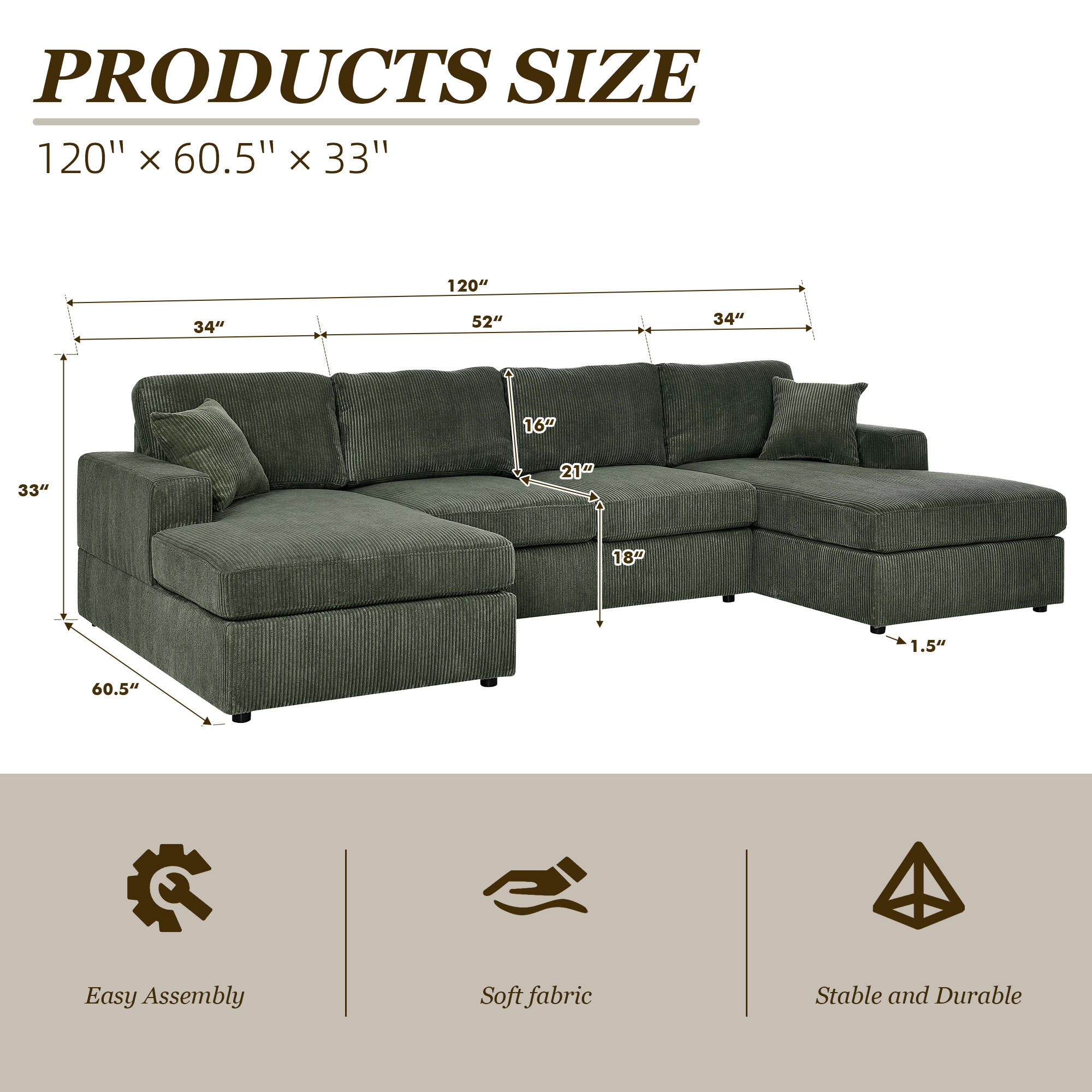 MOONMISS Sectional Sofas with Double Chaise, U-Shaped Cloud Comfy Couches, Green