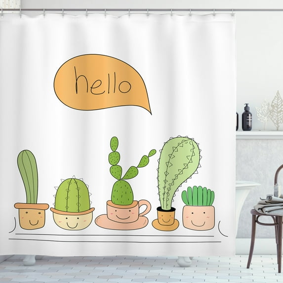 Cactus Shower Curtain, Cute Home Plants in Smiling Pots Cacti Hello Typography in Speech Bubble Doodle, Fabric Bathroom Set with Hooks, 69W X 75L Inches Long, Multicolor, by Ambesonne