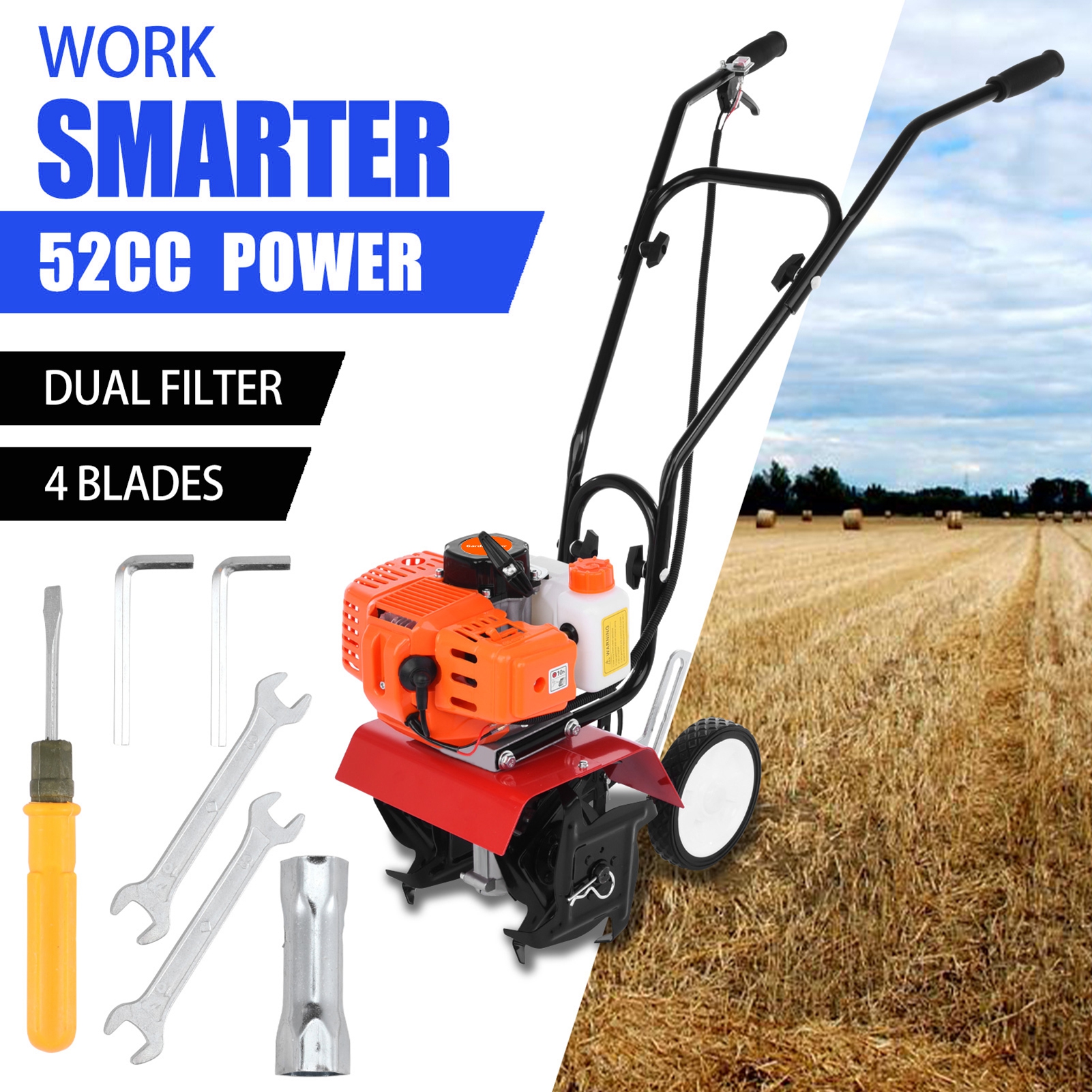 Zxareky 2 Stroke 9000RPM 1.2L Fuel Tank 6-inch Working Depth 7.9-inch Tilling Width Digging 3HP/1.65kW 52cc Garden Mini Tiller Garden Accessory