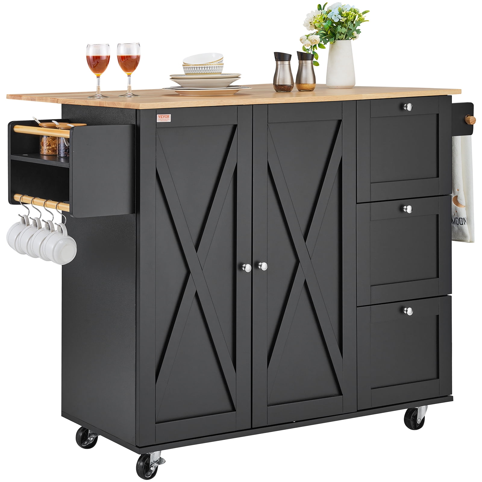 VEVOR Kitchen Island Cart, 56" Wood Top Mobile Carts with Storage Cabinet, Rolling Table with Drop Leaf, Spice Rack, Towel Bar, Adjustable Shelf, Drawer, and Hooks, Portable Islands on Wheels, Black