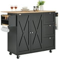 thumbnail image 2 of VEVOR Kitchen Island Cart, 56" Wood Top Mobile Carts with Storage Cabinet, Rolling Table with Drop Leaf, Spice Rack, Towel Bar, Adjustable Shelf, Drawer, and Hooks, Portable Islands on Wheels, Black, 2 of 9