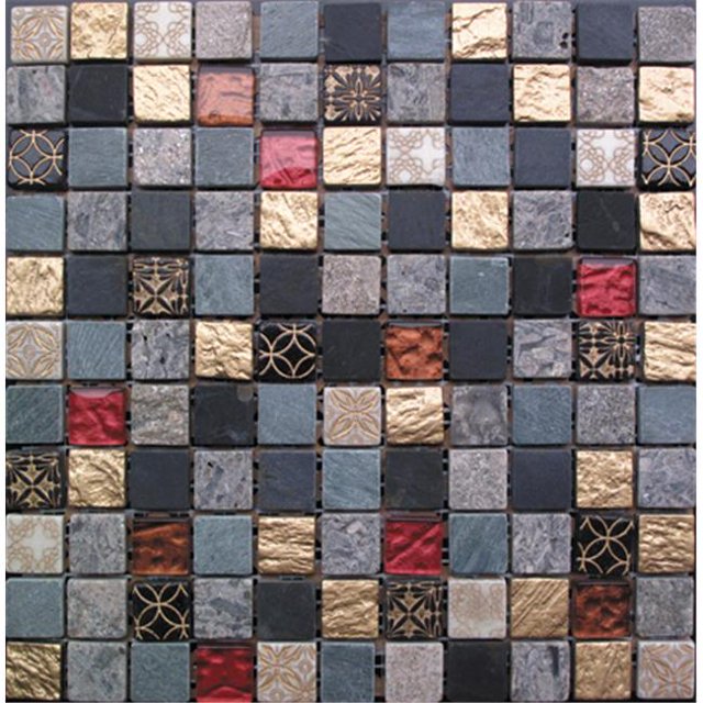 Intrend Tile 1 x 1 Royal Gold Stone And Glass Square Gray- Black- Tan And Gold With Red Accent