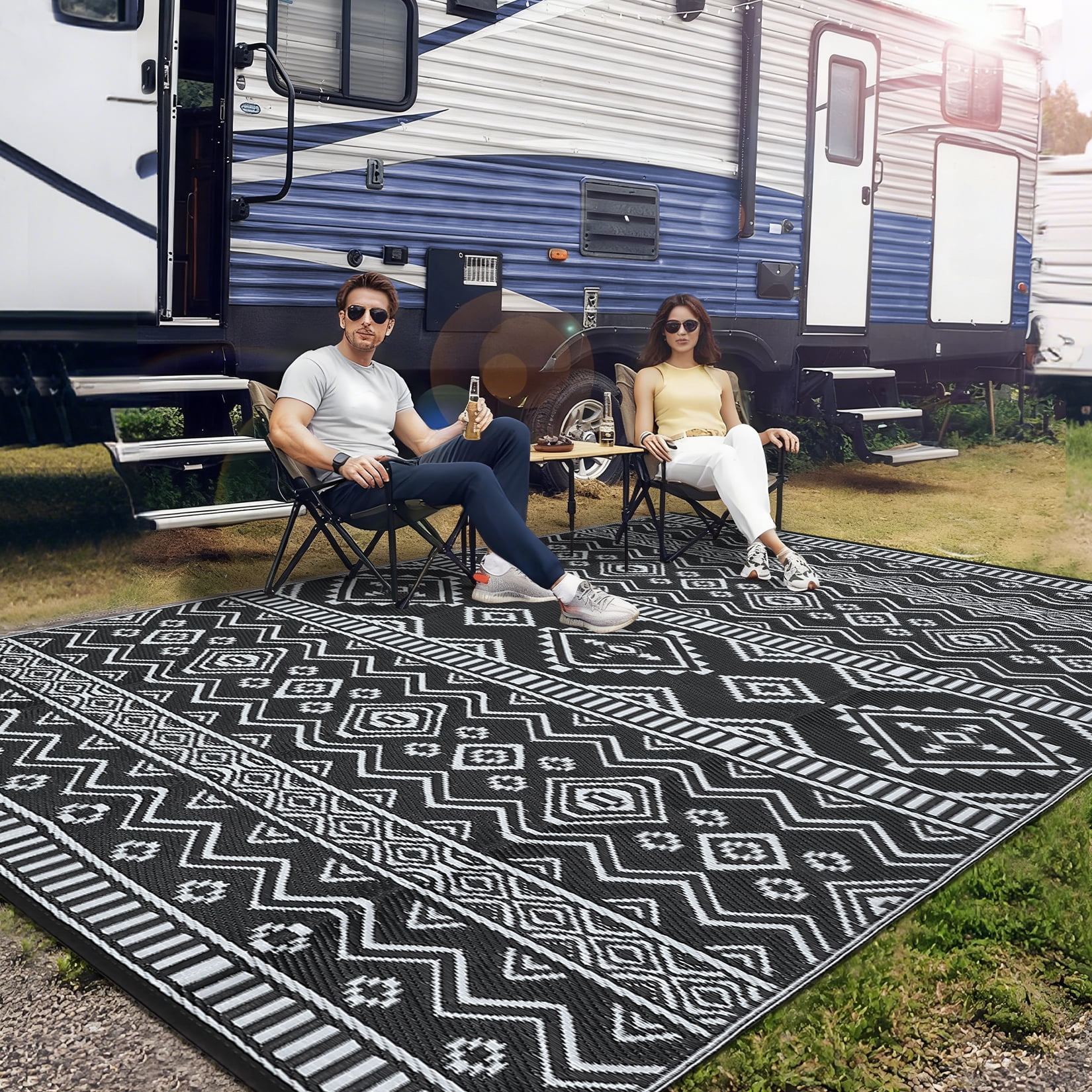 Garvee Outdoor Area Rug 9'x12' Waterproof Outdoor Carpet, Boho Plastic Straw Rug RV Mat for Picnic, Deck, Balcony, Beach, Patio, Black and White