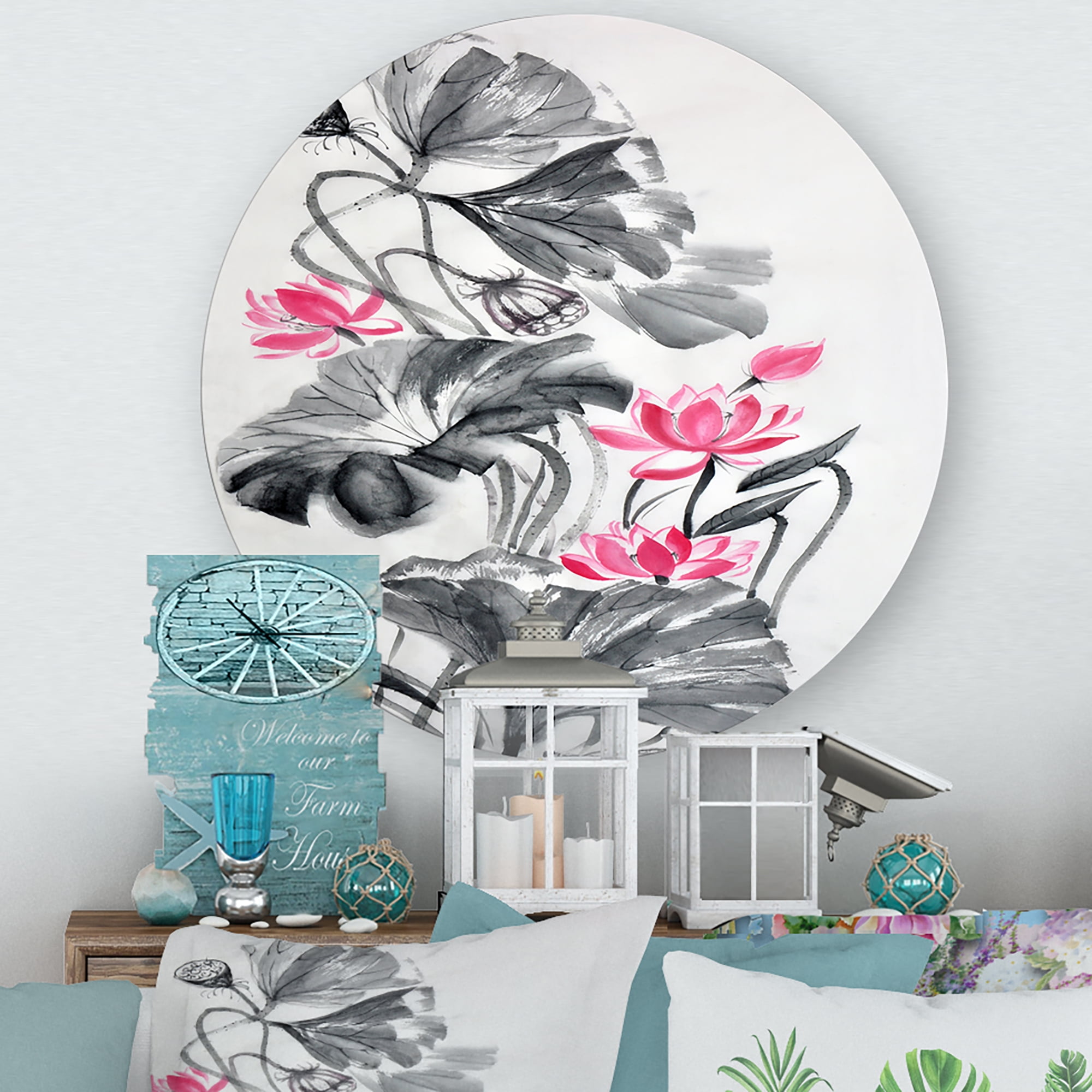 Designart 'Pink Vintage Lotus Flower and Monochrome Leaves' Traditional Circle Metal Wall Art 11x11 - Disc of 11