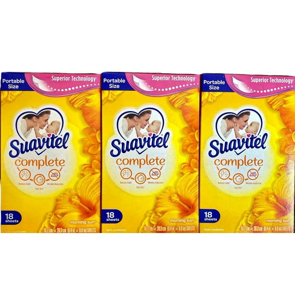 Suavitel Complete Reduces Static Fast Dry Wrinkle Reduction Morning Sun Fabric Conditioner 18 sheets Pack of 3