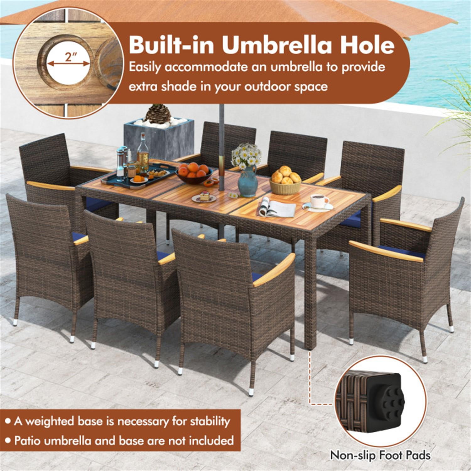 Demi Bonn 9 Piece Outdoor Dining Set with Acacia Wood Table Top, Patio Conversation Furniture Set for Balcony Patio Garden Poolside, Blue