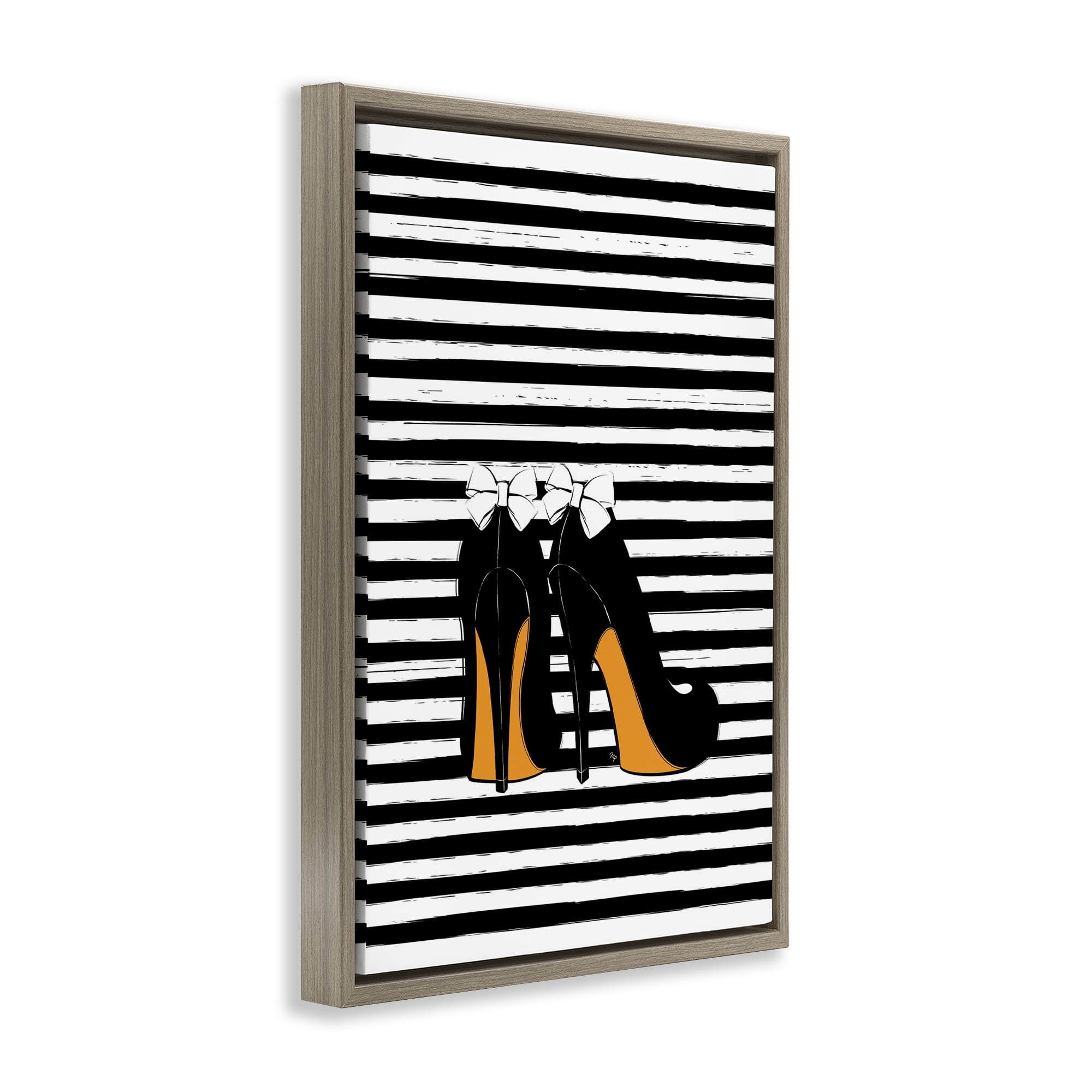 Stupell Industries Bow Heels on Stripes Beauty & Fashion Painting Brown Floater Framed Art Print Wall Art, 21 x 31