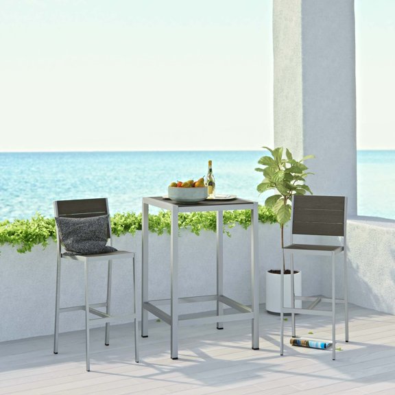 Modway Shore 3-Piece Wood & Aluminum Patio Pub Set in Gray and Silver