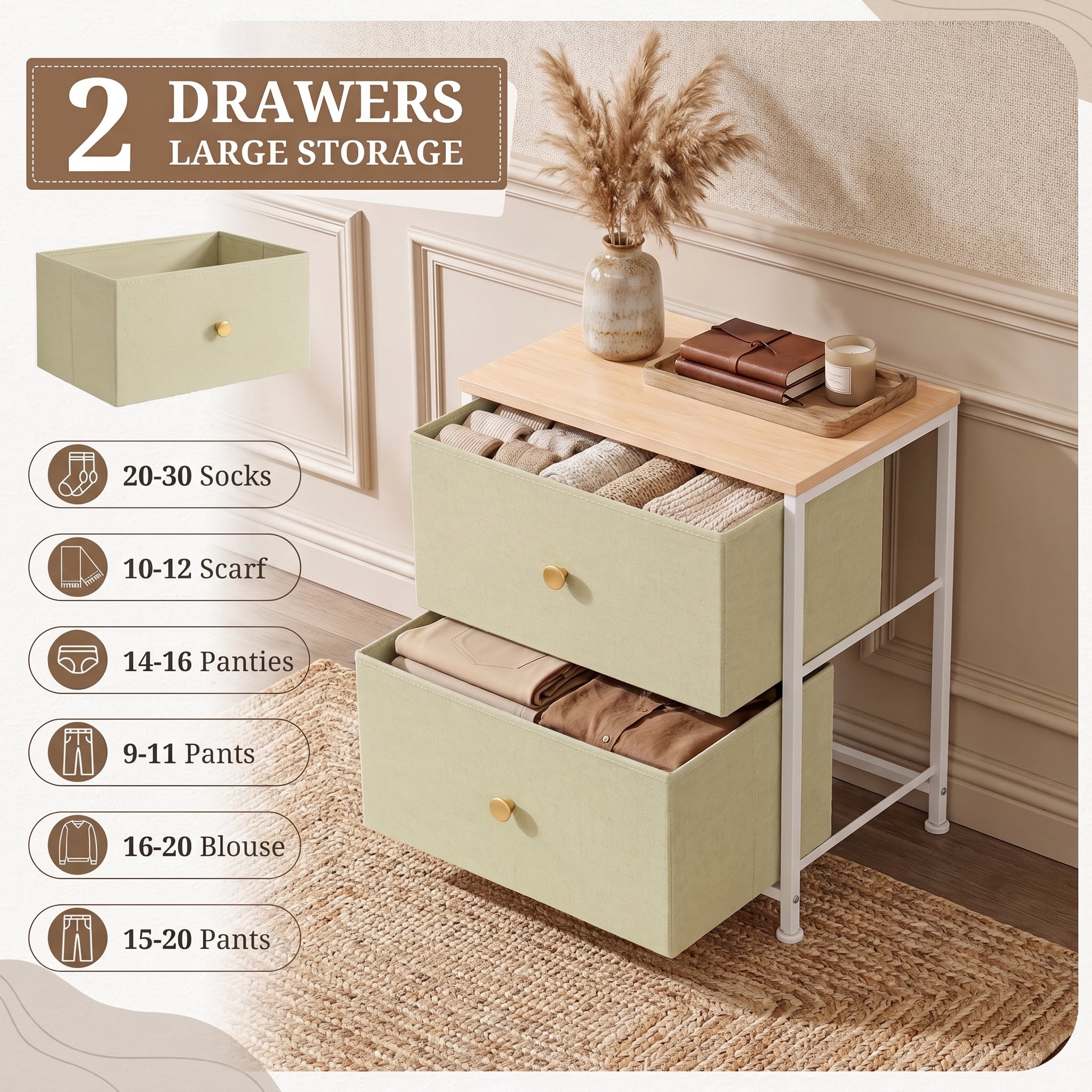 TrumanPick 2-Drawer Fabric Storage Dresser, Fabric Nightstand for Bedroom Set of 2, Small Dresser for Closet Dorm 11.8"D x 18"W x 20"H, Light Green