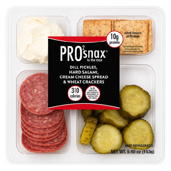 PRO2snax To The Max Dill Pickles, Hard Salami, Cream Cheese Spread & Wheat Crackers, 5.40 oz.