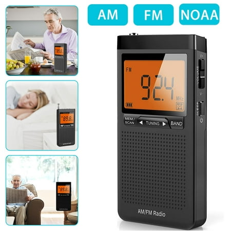 Portable AM FM Pocket Radio, EEEkit NOAA Weather Radio with Best Reception, Earphone Jack, LCD Display, Pocket Radio Powered by 2 AAA Batteries for Camping, Running, Walking, Traveling(Black)