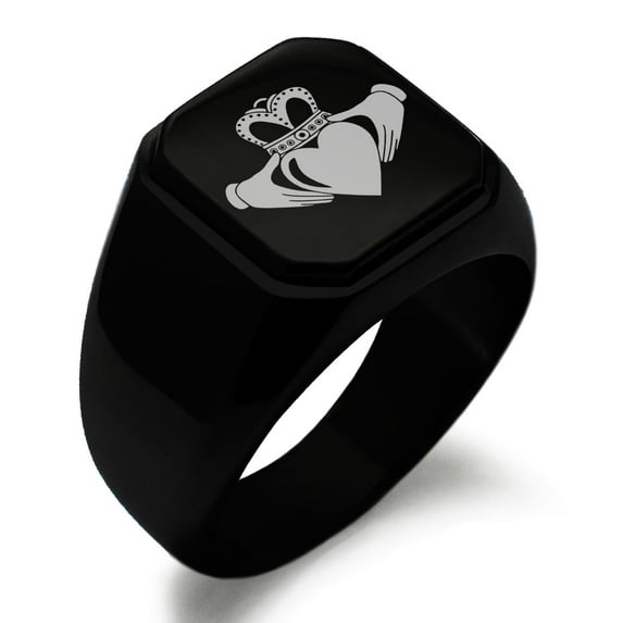 Stainless Steel Celtic Claddagh Unity Engraved Square Flat Top Biker Style Polished Signet Ring
