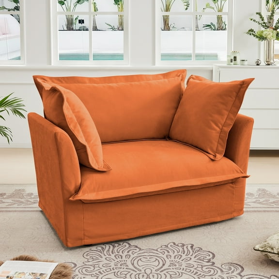 Oversized Accent Chair Slipcover Armchair, Modern Single Deep Seat Comfy Sofa Chair with Back Cushion and 2 Toss Pillows for Living Room, Office, Apartment(Chenille, Orange)