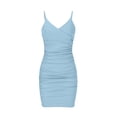 thumbnail image 4 of Women's Sleeveless Ruched Bodycon Spaghetti Strap Mini Club Party Dresses 2026 Vacation (Light Blue,L), 4 of 6