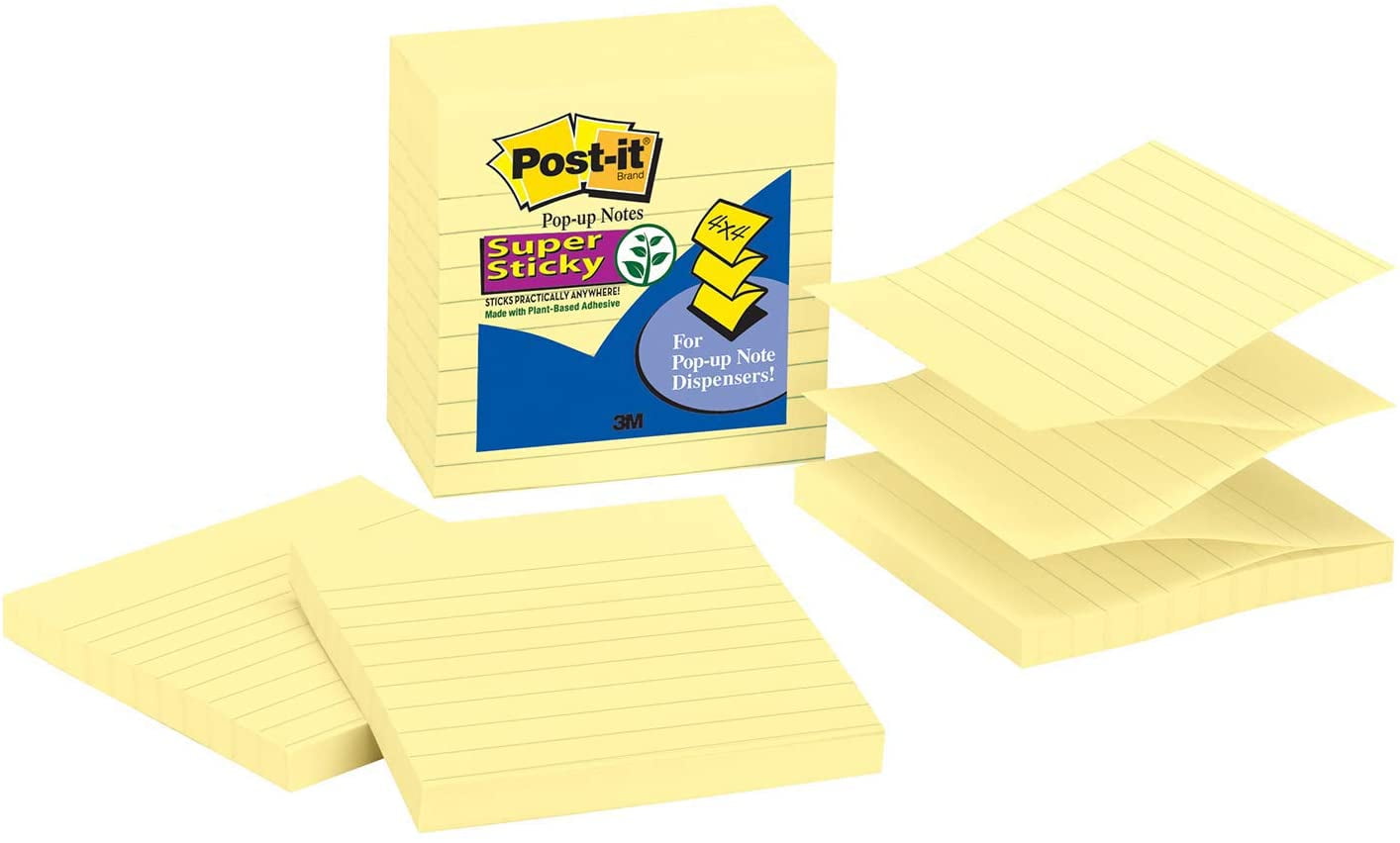 Post-it Super Sticky Pop-up Notes, 4 X 4-inches, Canary Yellow, Lined 