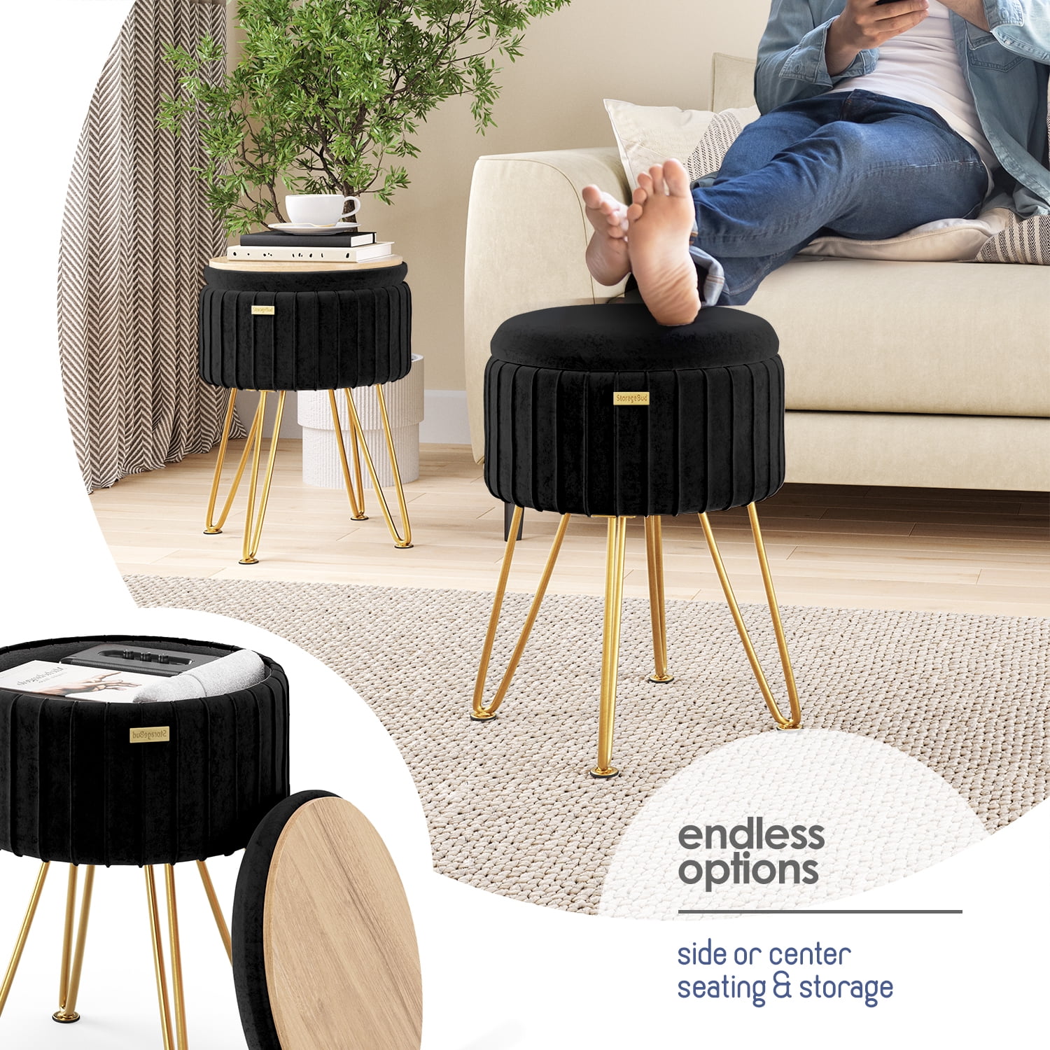 Hearth & Harbor Round Ottoman with Storage, Luxurious Foot Stool and Chic Vanity Stool with Storage, Elegant Pleated Velvet Black
