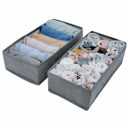 LANTWOO 2 Pack Sock Underwear Drawer Organizer Dividers, Collapsible Cabinet Closet Storage Boxes for Clothes, Socks, Lingerie, Underwear, Tie, Belt, Baby, Bedroom (Grey)