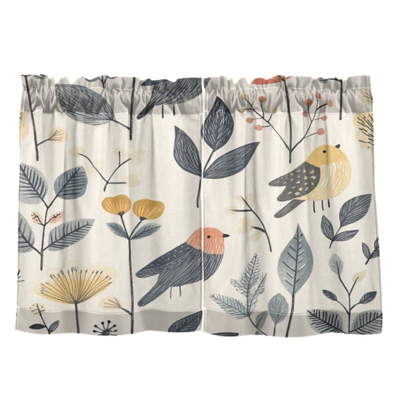 Hand Drawn Bird 27"x24" Linen Look Cafe Curtain Set with Privacy and UV Protection