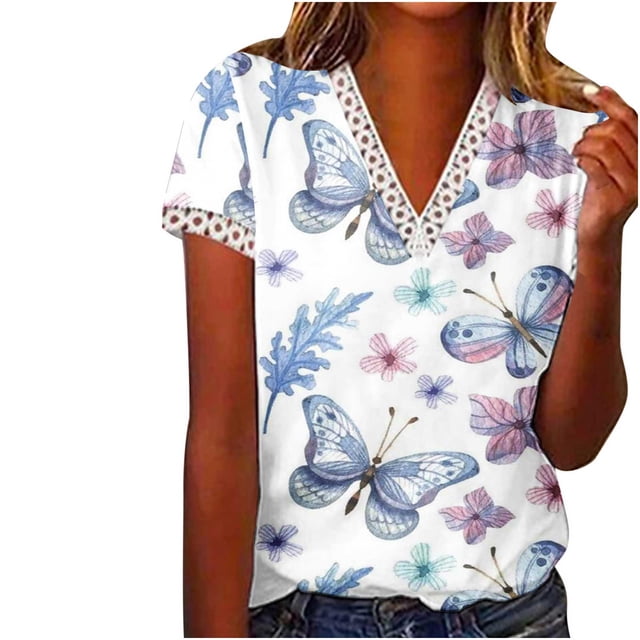 Birdeem Mode Femmes Été Col en V Manches Courtes T-Shirt Imprimé Décontracté Blouse