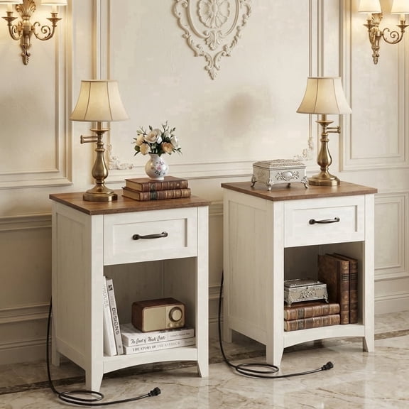 LEDREM Farmhouse Nightstand Set of 2 - Rustic White Bedside Tables with Charging Station, Drawer & Open Shelf, Rustic White and Honey Brown