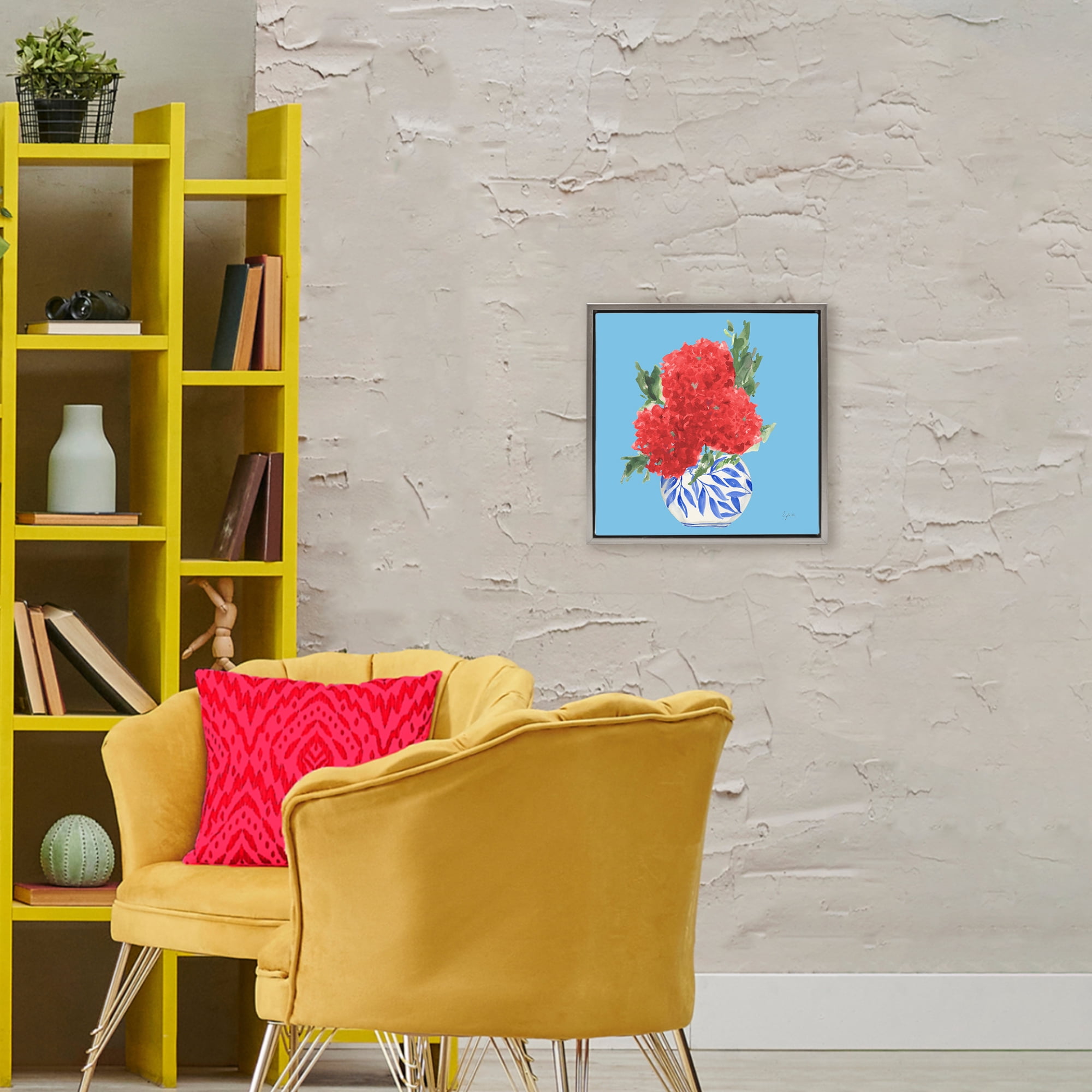 Stupell Industries Red Hydrangeas Blue Vase Gray Framed Floater Canvas Wall Art, design by Lucille Price