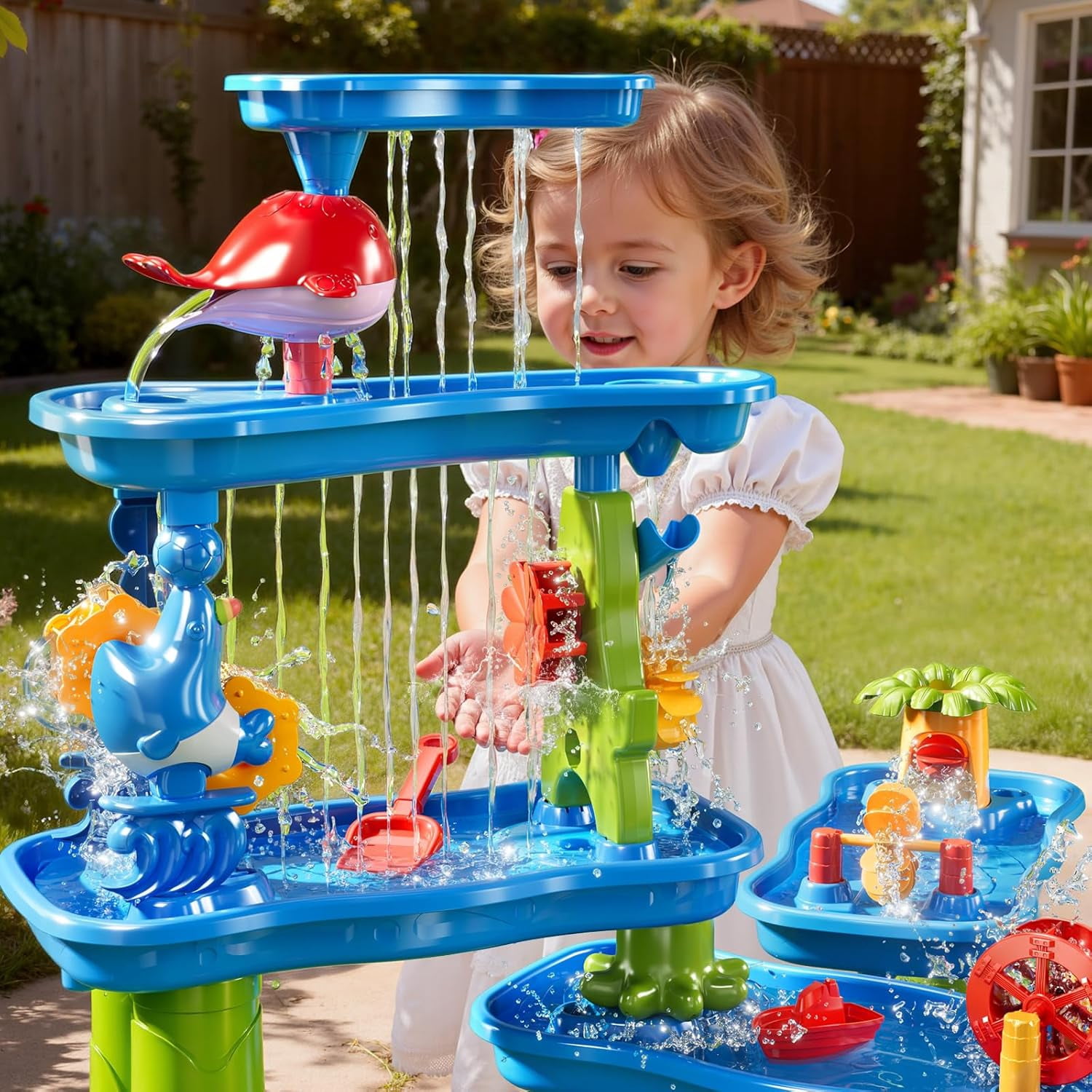 3-Tier 4 Areas Water Table for Kids 3-5, Summer Outdoor Beach Sensory Activity Playset Kids Sand and Water Table Toys, Birthday Gifts for Boys and Girls 3 4 5 6 7 8