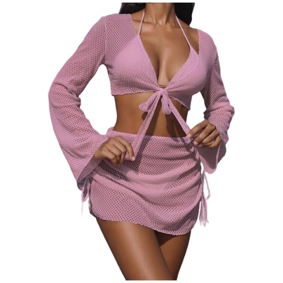 JSGEK Women's Drawstring Waist Swimsuit Cover Up Dress Lightweight Fabric Versatile Design Beach Casual Wear Pink M