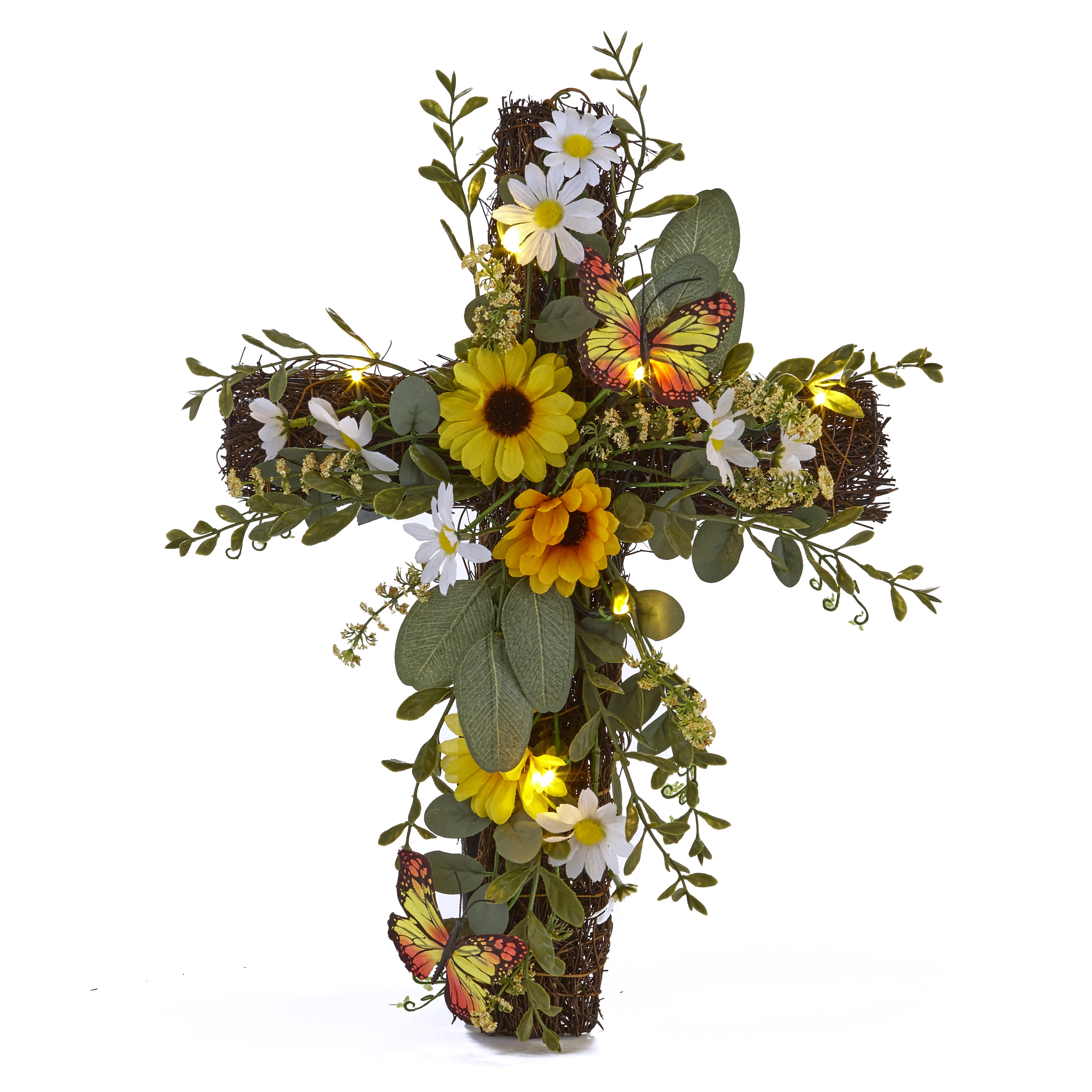 Battery Operated Lighted Wall Hanging Artificial Flowers Accent Cross