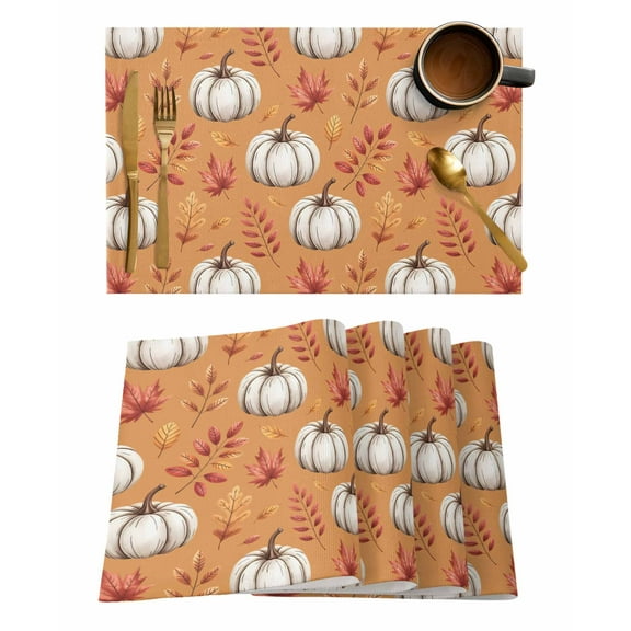 Placemats Set of 6, Thanksgiving Pumpkin Fall Watercolor Fallen Leaves Orange Place Mats for Kitchen, Heat Insulation Table Mats Washable Foldable Dining Table Decoration for Home Party 13 x 19 Inch