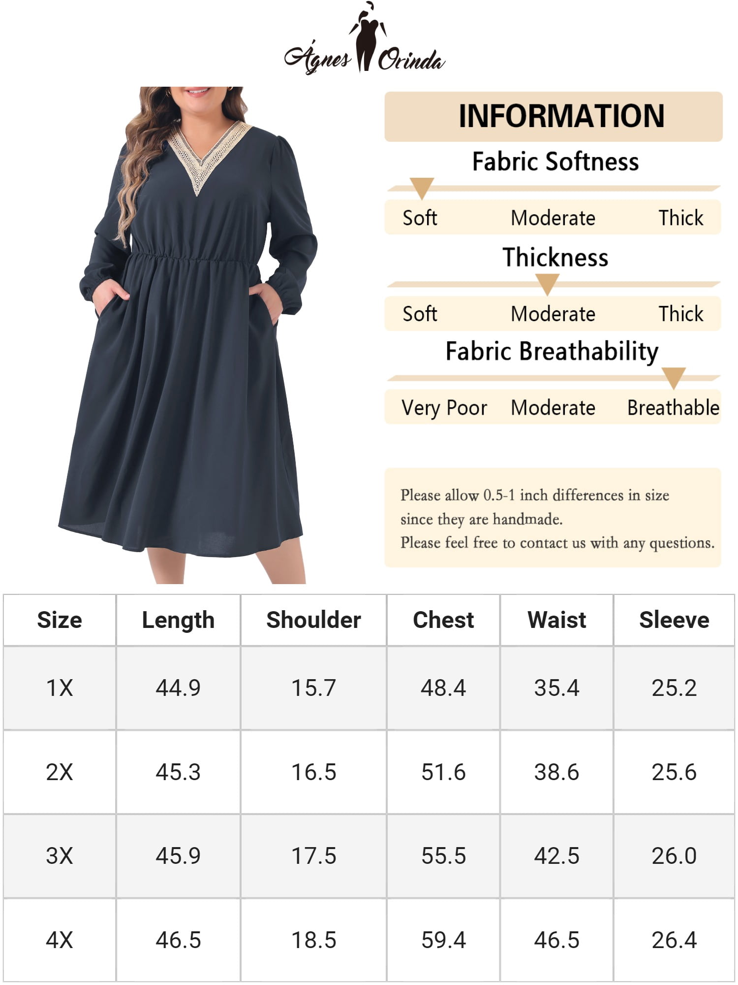 DARING DIVA Plus Size V Neck Long Sleeve Casual Midi Style Dress 3X Dark Blue