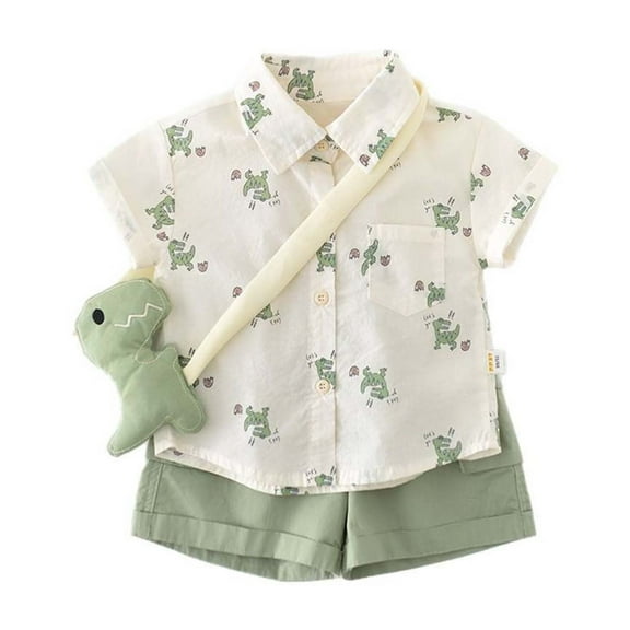 SUYOLL Toddler Boys Summer Outfits Sets Cartoon Dinosaur Printed Short Sleeved Breathable Shirt Work Pants Two Piece Set with Adjustable Straps Doll Accessory Trendy Clothes