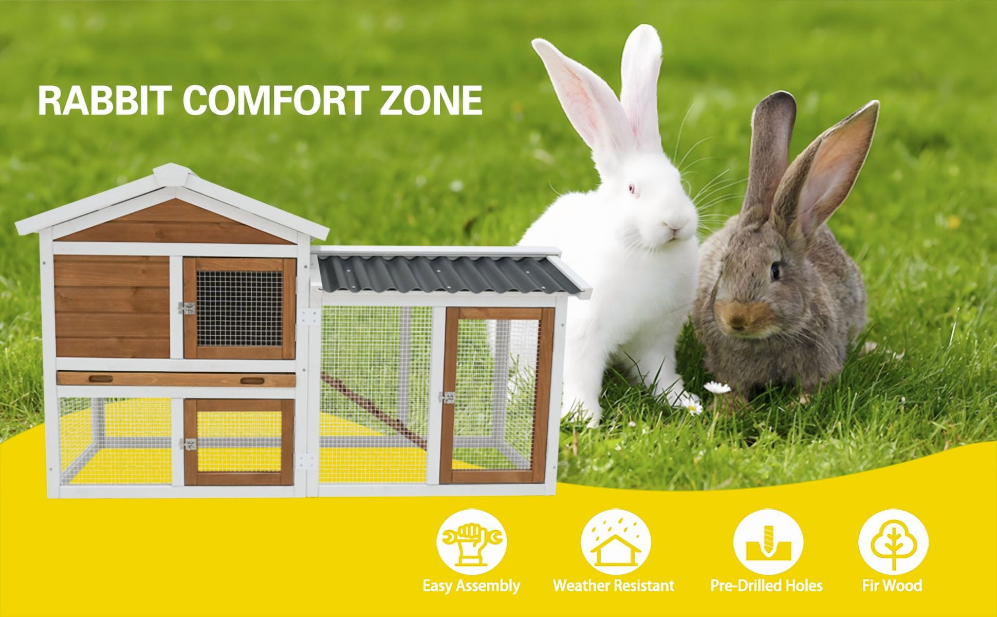 imerelez 58" Wooden Outdoor Indoor Roof Waterproof Bunny Hutch Rabbit Cage Guinea Pig Coop PET House for Small to Medium Animals with Stairs and Cleaning Tray