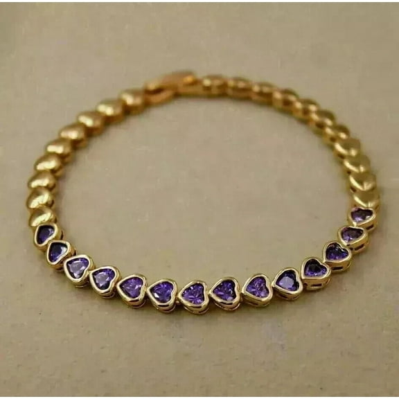 5Ct Heart Cut Simulated Amethyst Women's Wedding Gift Tennis Bracelet 14k Yellow Gold Plated 7"Inch