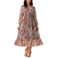 thumbnail image 2 of INSPIRE CHIC Vestidos Boho para Mujeres con Cuello en V, Manga Larga, Puño Fruncido, Corte A, Floral, en Capas, Fluidos, Midi de Otoño, XL Rojo, 2 of 6