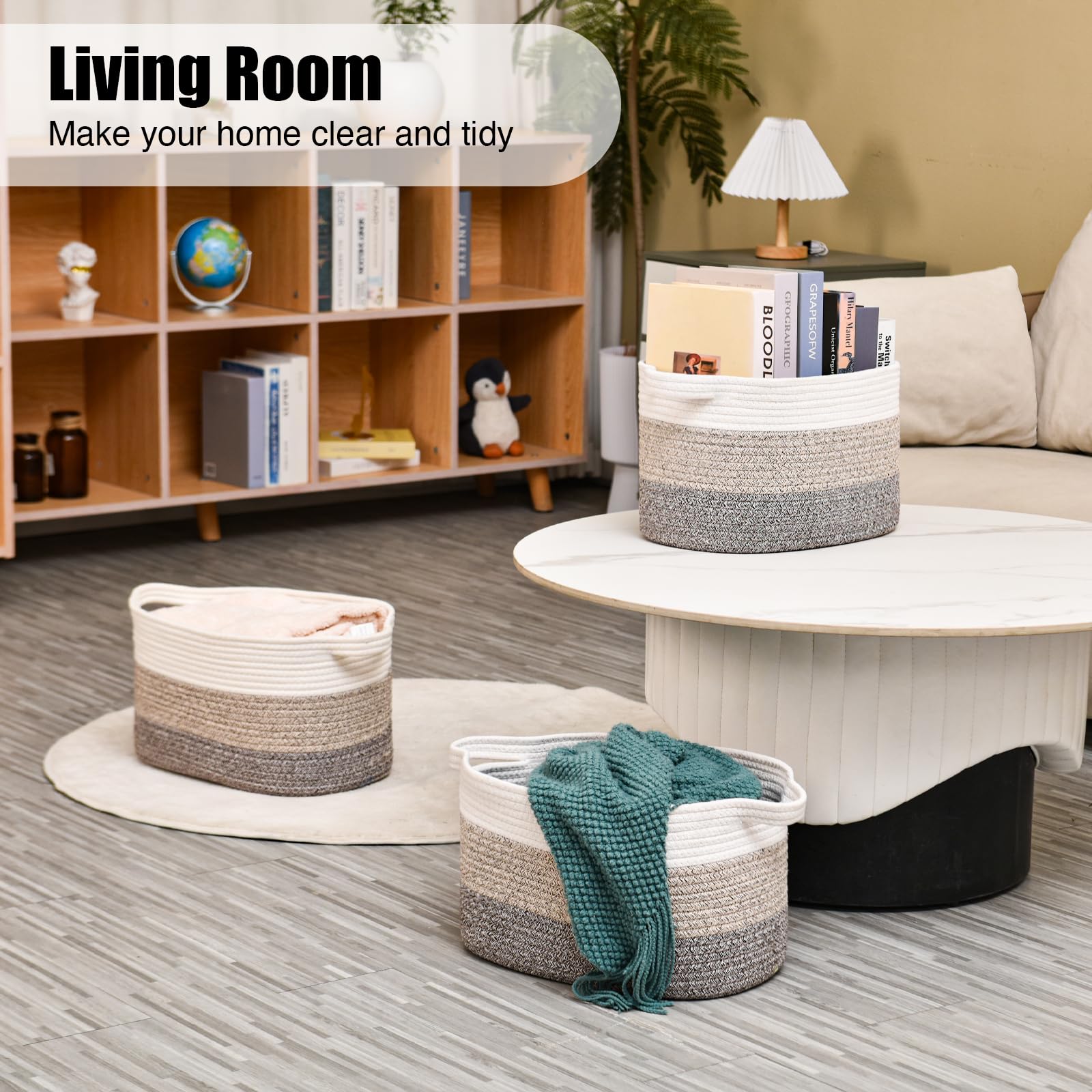 3PCS Large Woven Cotton Rope Storage Basket With Handles - 15"x10"x9.5" Decorative Organizer for Toys, Books, Living Room - Gradient Brown