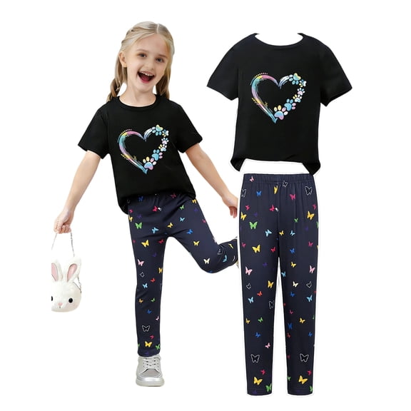 Kids Girls 2 Piece Outfits T-Shirt & Elastic Waist Bow Leggings Breathable Summer Clothes Multicolour Size 5-6 Years