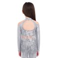 thumbnail image 6 of iiniim Girls Metallic Sequin Tassel Crop Top Cold Shoulder Cutout Back Long Sleeve Latin Jazz Dance Shirt Silver 10, 6 of 7