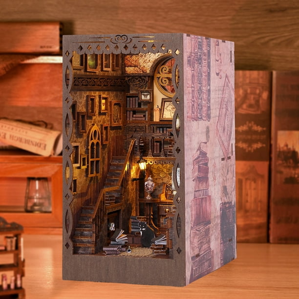 DIY Book Nook Kit 3D Wooden Puzzle Bookshelf Insert Decor with LED Light  DIY Miniature Dollhouse Model Kit Creative Educational Bookshelf Insert