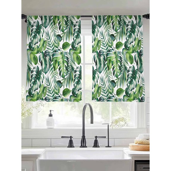 Tropical Palm Leaves Sheer Curtains for Living Room Bedroom Summer Green Botanical Plants Sheer Curtains 45 Inch Long 2 Panels Set Light Filtering Curtain Window Treatments Drapes for Dining Room