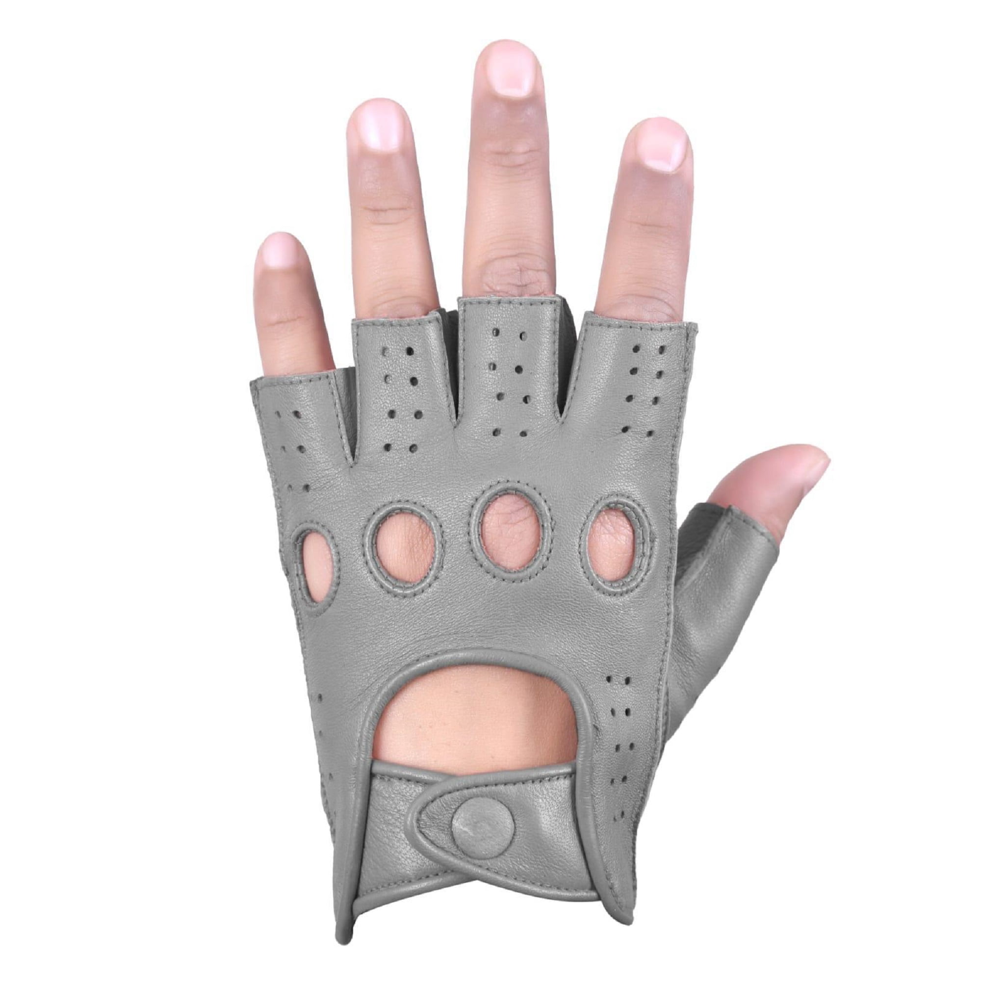 Driving Half Finger Finger less Knuckle Holes For Men Genuine Motorcycle Leather Gloves Light Grey Large