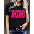 thumbnail image 1 of Camiseta con estampado de purpurina XOXO para San Valentín para mujer, estilo bohemio, informal, cuello redondo, manga corta, para el tiempo libre., 1 of 6