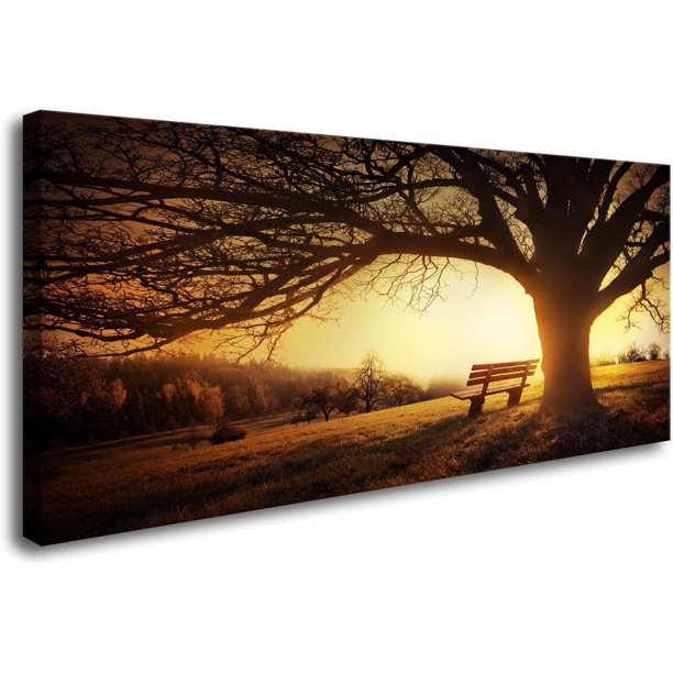 Bosque con atardecer dorado, pintura natural de paisaje decorativa, ideal para salas, dormitorios, oficinas o paredes del hogar. Con marco, puede colgarse directamente.