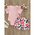 thumbnail image 4 of Franhais Girls Summer 3Pcs Outfit Sets Short Sleeve Letter Print Romper + Leopard/Sunflower Print Shorts + Headband, 4 of 9