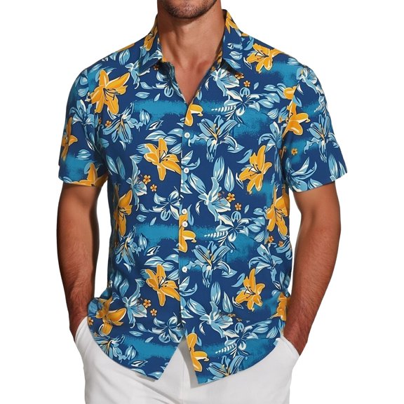 IWRICH Men's Hawaiian Shirt Short Sleeve Floral Button down Shirts Tropical Summer Beach Shirts Camp Collar Shirt 12-Blue XL