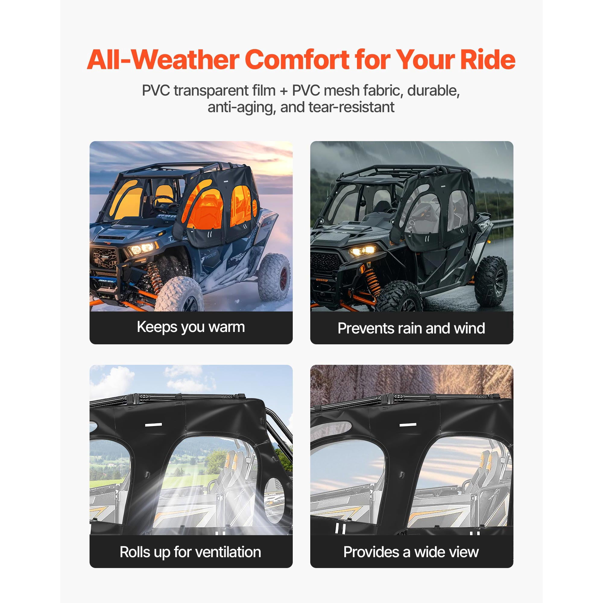 KFFKFF Cab Enclosure Upper Doors, Compatible with Polaris RZR XP4 1000/Turbo 2014-2023, Soft Upper Doors, Windproof Zipper UTV Side Window Kit, Designed for Use with Side Mirrors and Windshields