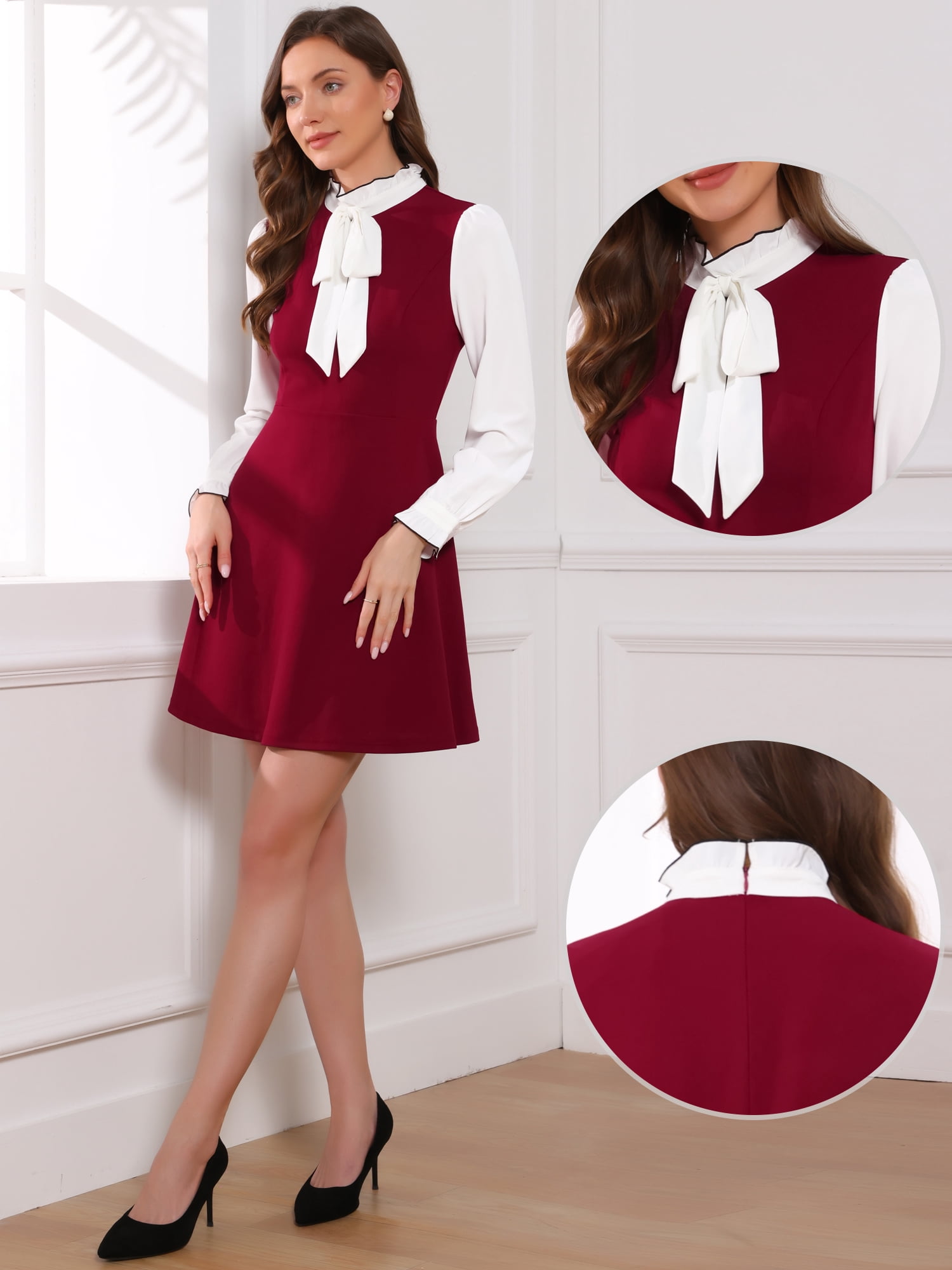 DARING DIVA Women's Tie Neck Vintage Long Sleeve Contrast Color Dress S Burgundy