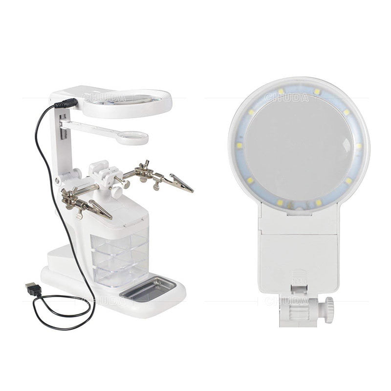 Modeling and Crafts Magnifying LED Light Helping Hands Magnifier Station Repair Assembly 3X 4.5X USB Lighted Hands Free Glass Stand with Clamp and Alligator Clips for Soldering 